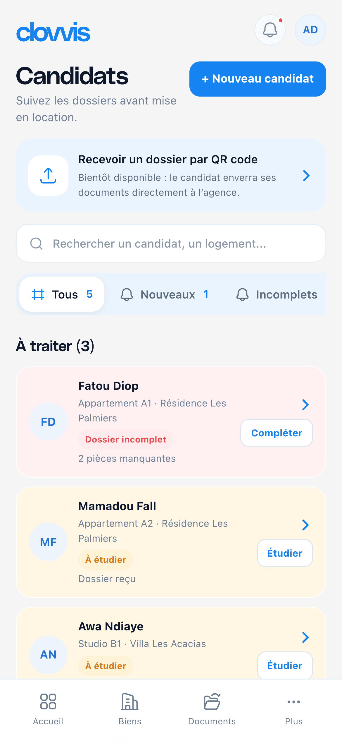 Écran Candidats : dossiers à compléter et à étudier.