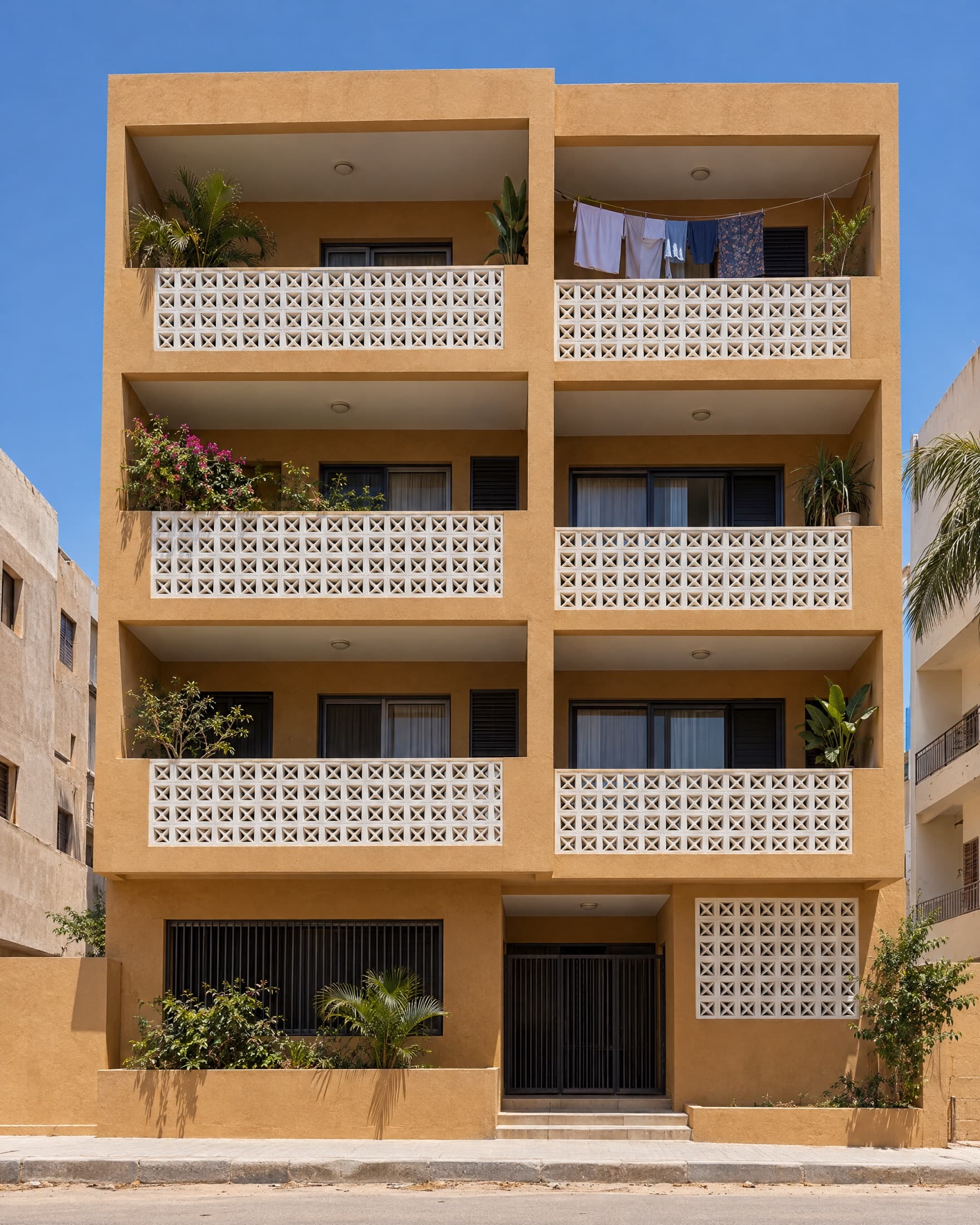 Façade d’un immeuble d’habitation à Dakar, balcons et claustras.
