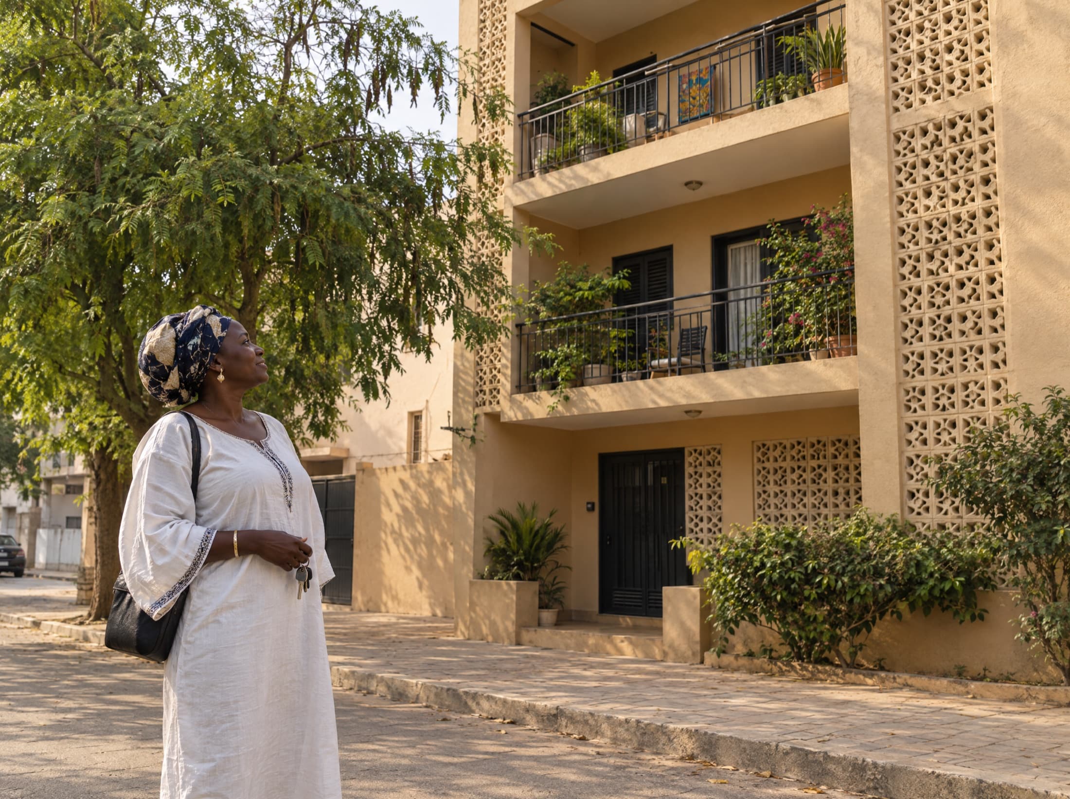 Une propriétaire devant son immeuble à Dakar.